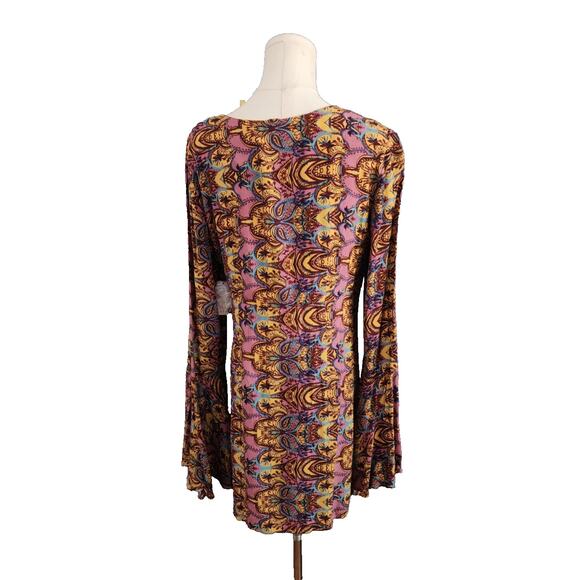 FREE PEOPLE Sz 6 Gold/Brown OSSIE VIBES Bell Sleeve Tunic Mini Dress NWT $128 - Picture 5 of 10